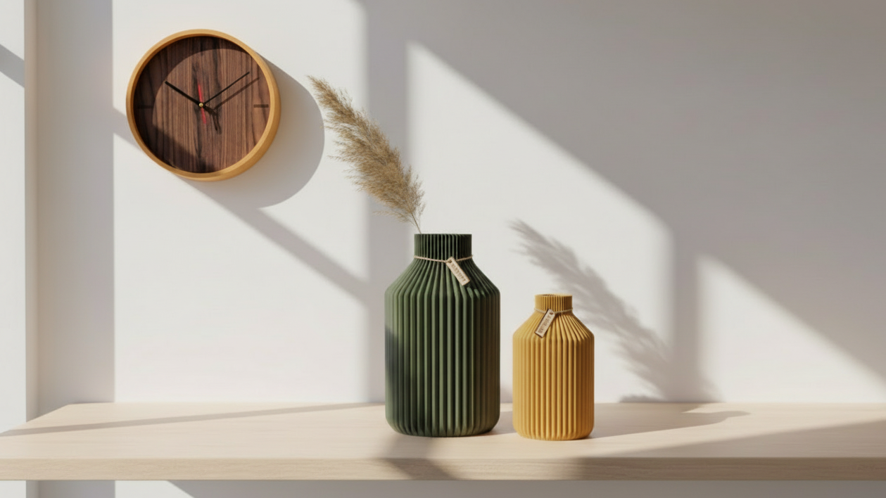 Vase Filo – schlanke Design-Vase aus 3D-Druck mit Glaseinsatz für Frischblumen auf Sideboard und Wanduhr Corona.