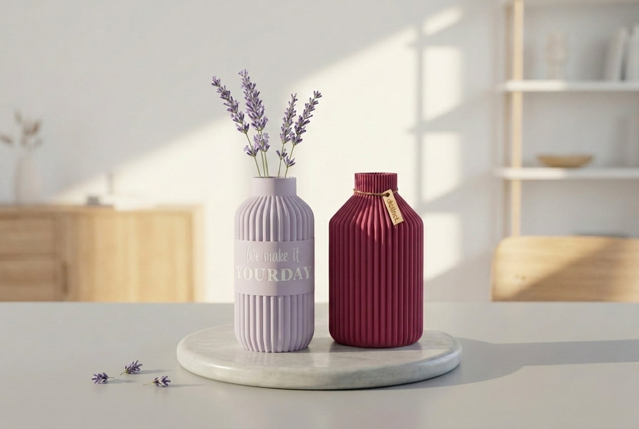 Zwei geriffelte Design-Vasen aus dem 3D-Druck auf einer Marmorplatte – fliederfarben mit personalisierter Gravur und Lavendel sowie weinrot mit distinct.-Anhänger